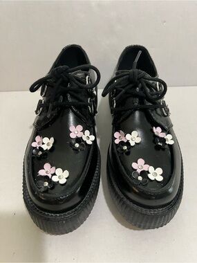 T.U.K Black Kids Shoes with Pink and White Floral Accents
